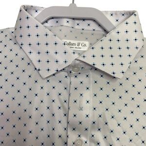 Collars & Co Polo Shirt Mens XL Relaxed Fit White Blue Diamond Dress Collar NEW